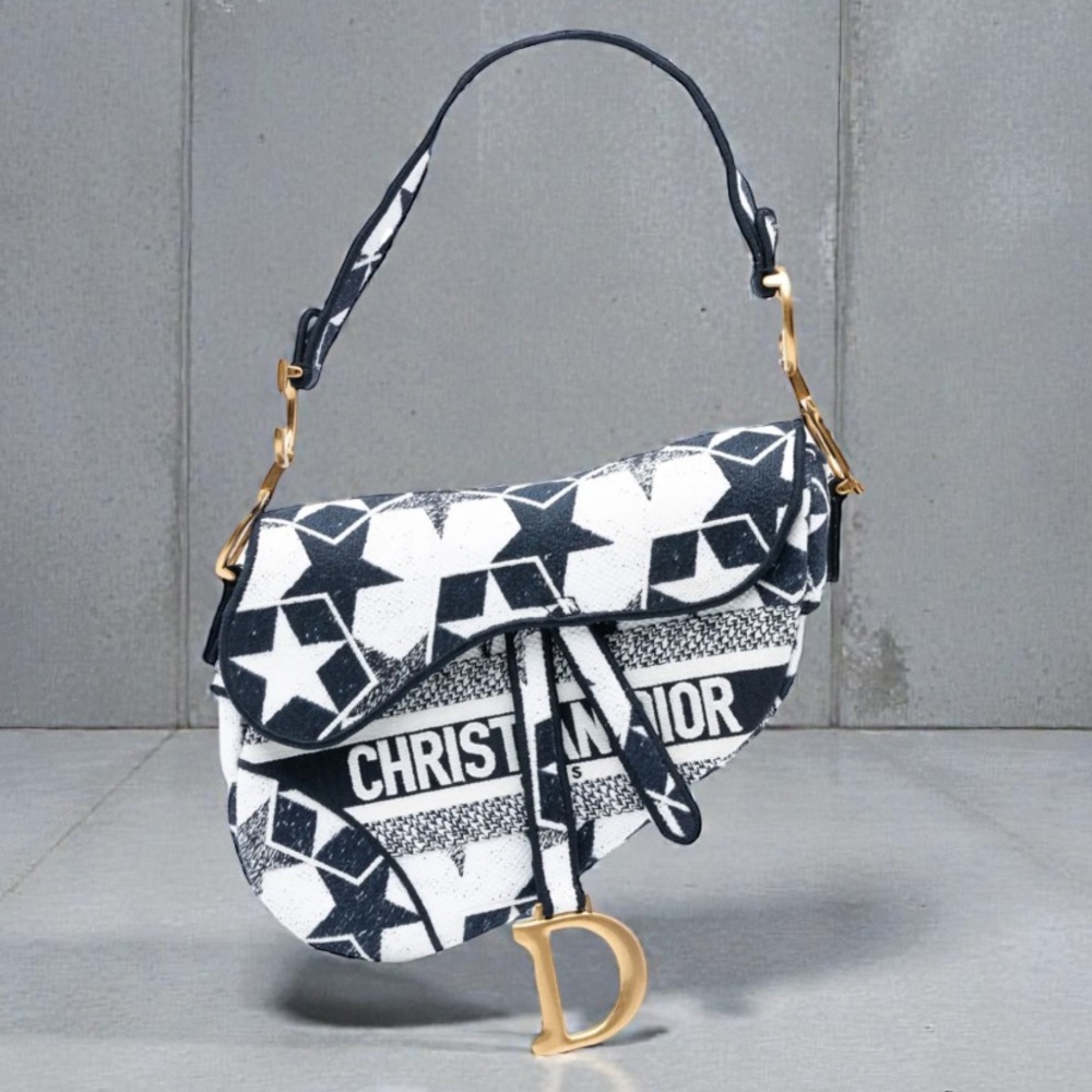 Christian Dior 2021 Embroidered Canvas Stars Saddle Bag